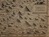 an old map of a mountain range with mountains in the background