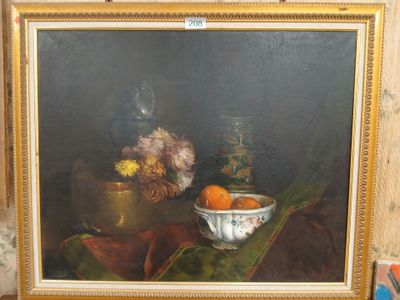 a painting of a bowl of oranges and a vase on a table