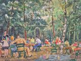 a painting of a group of people sitting at tables in a park