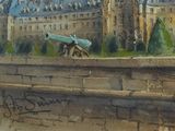 a watercolor painting of a castle with a cannon in front of it