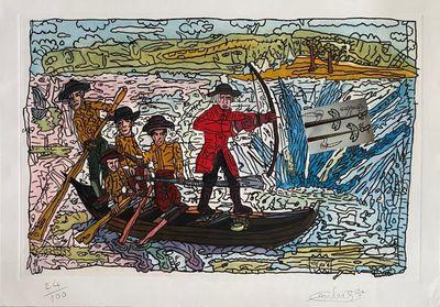 un dessin représentant un homme dans un bateau avec d'autres personnes