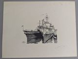 a drawing of a boat in the water next to a dock