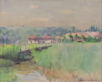 an image of a painting of a small river running through a lush green field