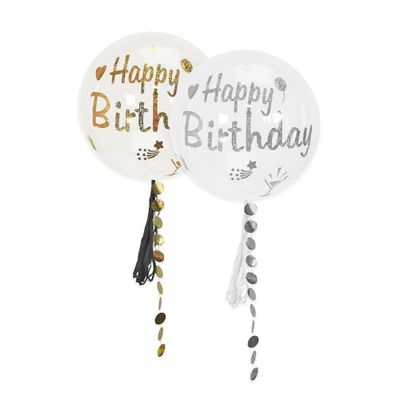 ballons « Joyeux anniversaire » avec des pompons et des confettis