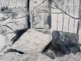 pencil drawing of a dog laying on the ground in front of a fence