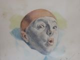 painting of a man ' s face with a red cap on it