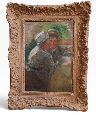 a painting of a woman with a hat and a child in a chair