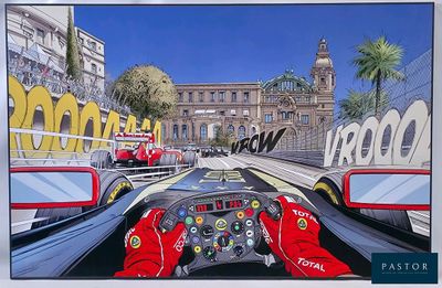 painting of a race car driving on a track in front of a large building