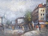a painting of a city street with people walking on it