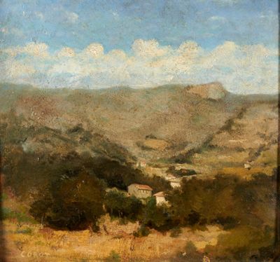 l'image d'un tableau représentant un paysage avec une maison au loin