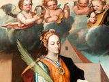 a painting of a woman reading a book with angels in the background