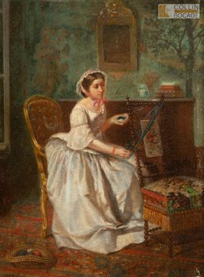 une image d'un tableau représentant une femme assise sur une chaise