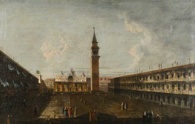 tableau représentant une place avec une tour horloge en arrière-plan