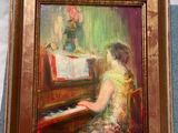 a painting of a woman playing a piano in front of a vase of flowers