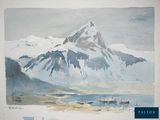 a picture of a painting of a mountain with cows in it