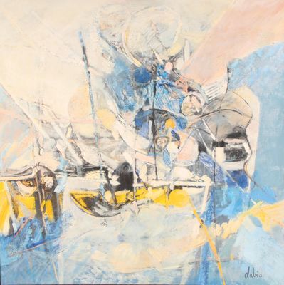 peinture abstraite représentant un bateau sur l'eau, avec le ciel en arrière-plan