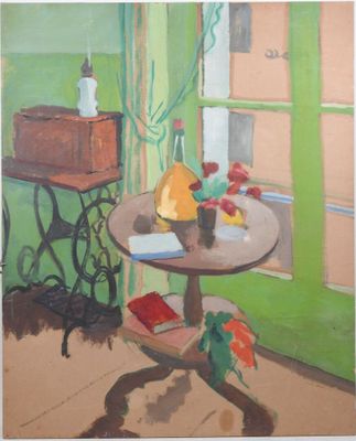 un tableau représentant une table sur laquelle se trouve un vase de fleurs