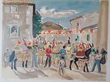 un tableau représentant un groupe de personnes à cheval lors d'un défilé