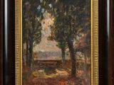 a painting of a landscape with trees and a bench in the foreground