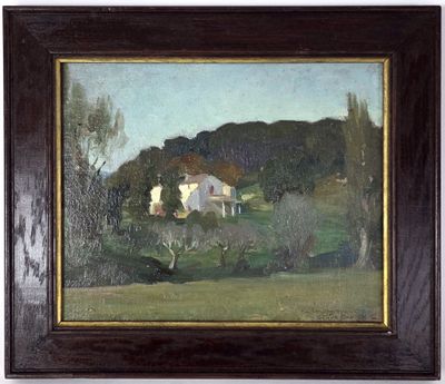 an image of a painting of a house in a field