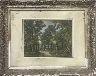 an old picture of a painting of a wooded area with trees