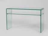 a clear glass console table with a glass shelf on top
