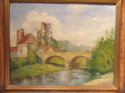 an oil painting of a bridge over a river with a castle in the background
