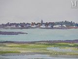 a watercolor painting of a view of a lake