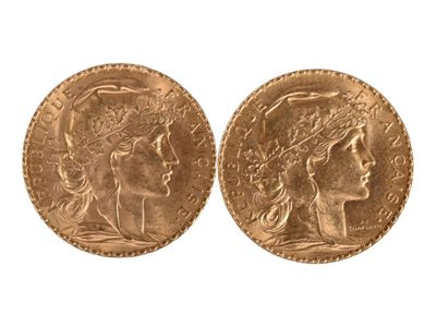Deux pièces de vingt francs or au coq, 1914. Usures. - Photo 1