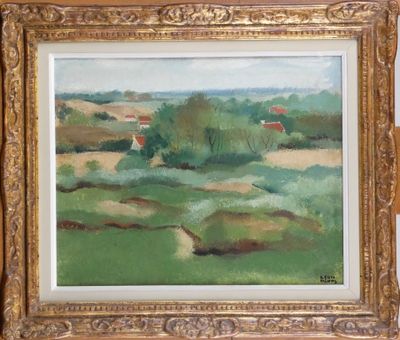 une peinture à l'huile d'un champ avec une maison au loin
