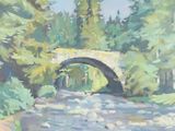 un tableau représentant un pont enjambant une rivière au milieu des bois
