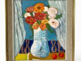 une peinture de fleurs dans un vase bleu sur une table