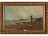 an image of a painting of a man standing on a beach next to a body of water