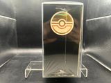 someone is taking a picture of a clear display case with a logo on it