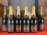 six bottles of champagne lined up on a table with boxes in the background