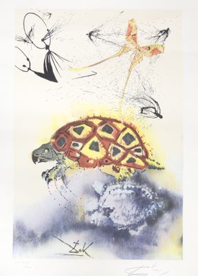 an image of a painting of a turtle and a cat on a cloud