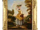 tableau représentant une femme tenant un panier de fleurs dans un paysage