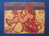 un tableau représentant une femme assise sur la plage avec un téléphone portable