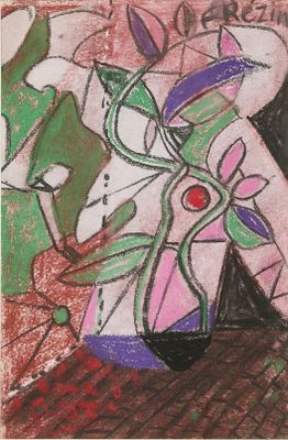 dessin représentant un vase rempli de fleurs posé sur une table