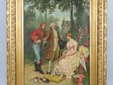 un vieux tableau représentant un homme et une femme assis sur un banc