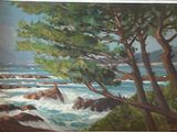 a painting of a view of the ocean from a cliff