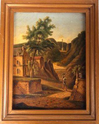 an oil painting of a village scene with a man on a horse