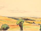 tableau représentant deux vaches paissant dans un champ, avec le ciel en arrière-plan