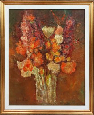 une peinture à l'huile représentant des fleurs dans un vase sur une table