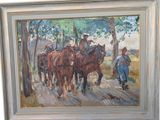 a painting of a man leading a group of horses down the road