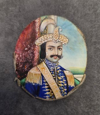 a close up of a painting of a man with a mustache
