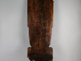 an old wooden chair sitting on top of a white floor