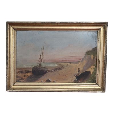 an image of a painting of a boat on the beach