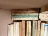 many books that are stacked on a shelf in a room