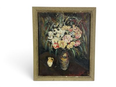 painting of a vase of flowers and a bird on a table